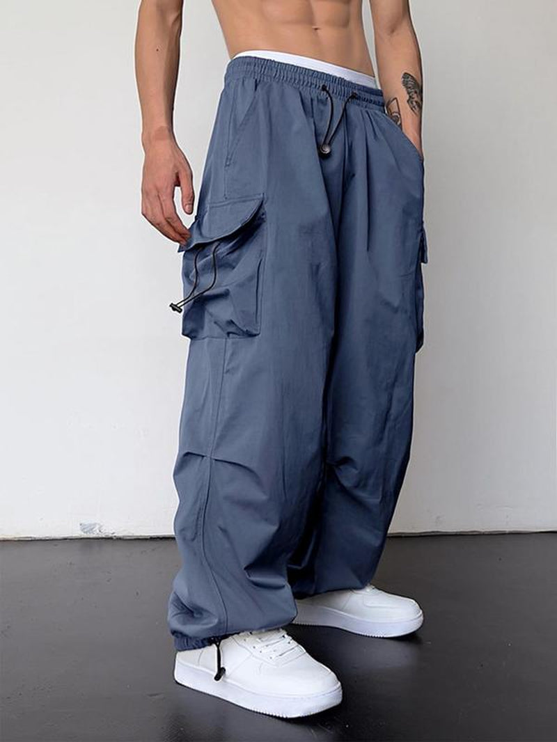 Men'S Loose Plain Pocket Drawstring Waist Cargo Pants for Fall, Pants for Men, Mens Stylish Clothing, Street Trendy Baggy Wide Leg Trousers for Men, Pants for Men, Work Pants Men, Menswear