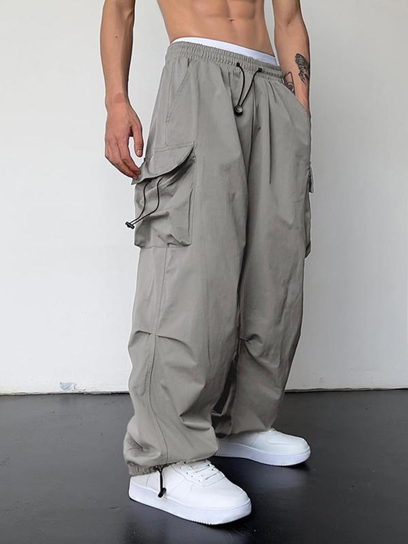 Men'S Loose Plain Pocket Drawstring Waist Cargo Pants for Fall, Pants for Men, Mens Stylish Clothing, Street Trendy Baggy Wide Leg Trousers for Men, Pants for Men, Work Pants Men, Menswear
