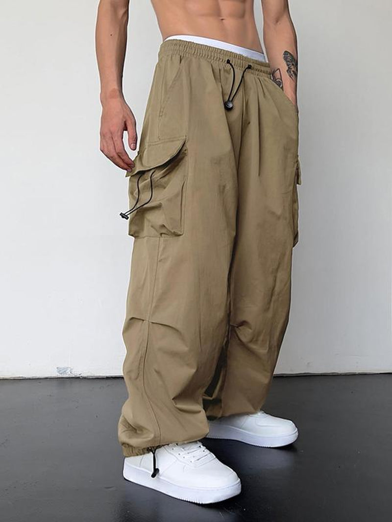Men'S Loose Plain Pocket Drawstring Waist Cargo Pants for Fall, Pants for Men, Mens Stylish Clothing, Street Trendy Baggy Wide Leg Trousers for Men, Pants for Men, Work Pants Men, Menswear
