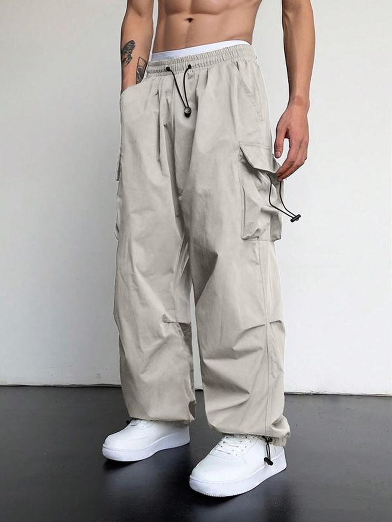 Men'S Loose Plain Pocket Drawstring Waist Cargo Pants for Fall, Pants for Men, Mens Stylish Clothing, Street Trendy Baggy Wide Leg Trousers for Men, Pants for Men, Work Pants Men, Menswear