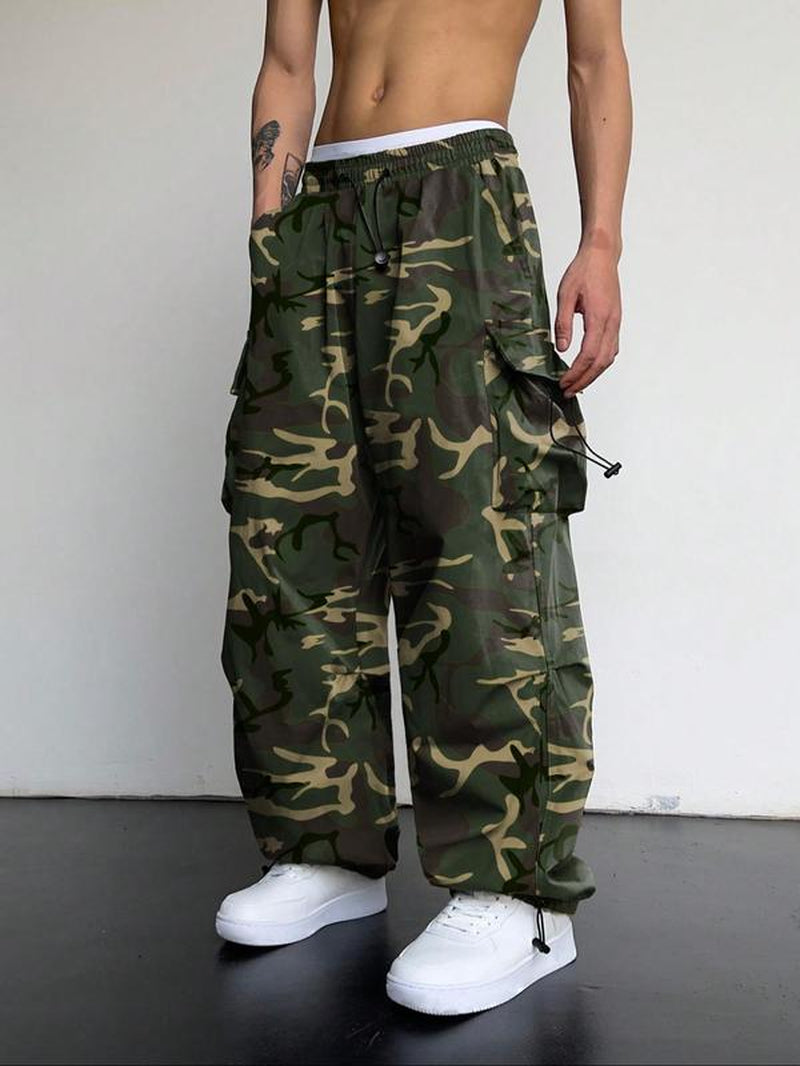 Men'S Loose Plain Pocket Drawstring Waist Cargo Pants for Fall, Pants for Men, Mens Stylish Clothing, Street Trendy Baggy Wide Leg Trousers for Men, Pants for Men, Work Pants Men, Menswear