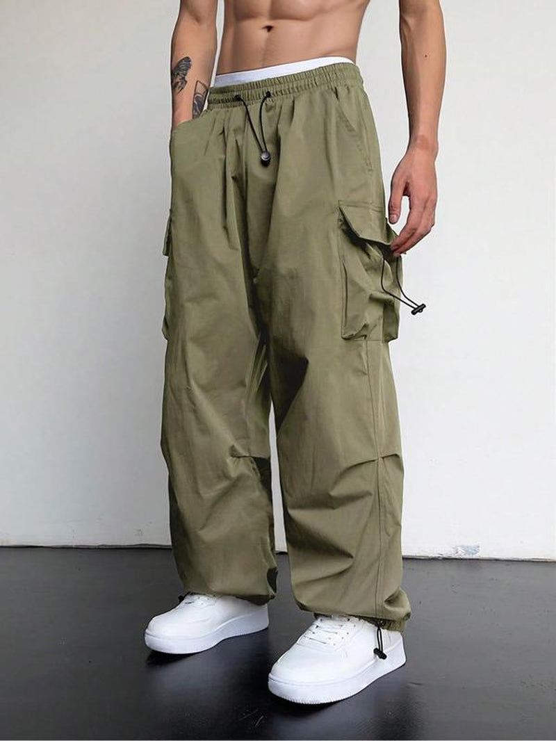 Men'S Loose Plain Pocket Drawstring Waist Cargo Pants for Fall, Pants for Men, Mens Stylish Clothing, Street Trendy Baggy Wide Leg Trousers for Men, Pants for Men, Work Pants Men, Menswear