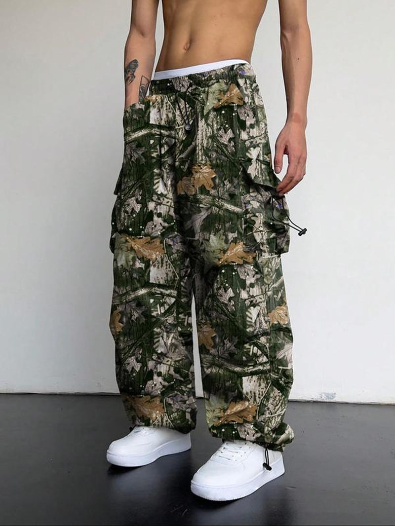 Men'S Loose Plain Pocket Drawstring Waist Cargo Pants for Fall, Pants for Men, Mens Stylish Clothing, Street Trendy Baggy Wide Leg Trousers for Men, Pants for Men, Work Pants Men, Menswear