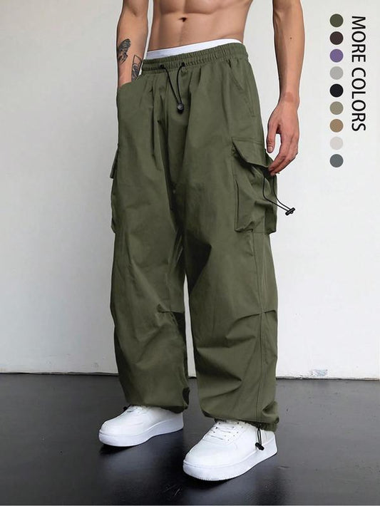 Men'S Loose Plain Pocket Drawstring Waist Cargo Pants for Fall, Pants for Men, Mens Stylish Clothing, Street Trendy Baggy Wide Leg Trousers for Men, Pants for Men, Work Pants Men, Menswear