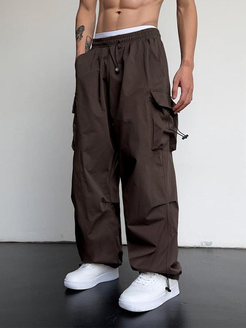 Men'S Loose Plain Pocket Drawstring Waist Cargo Pants for Fall, Pants for Men, Mens Stylish Clothing, Street Trendy Baggy Wide Leg Trousers for Men, Pants for Men, Work Pants Men, Menswear