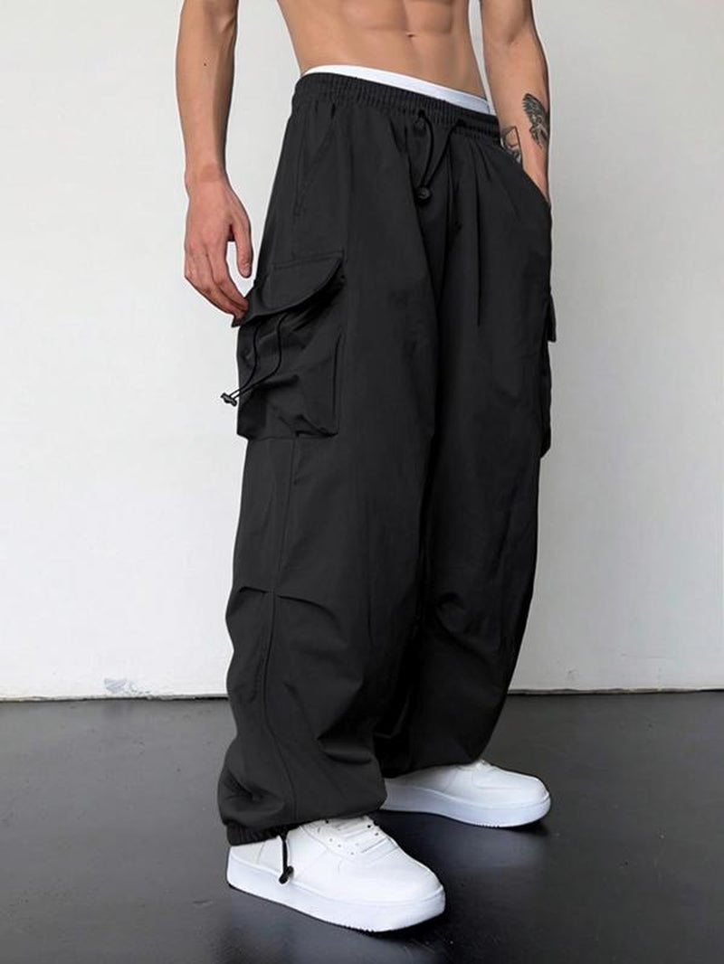 Men'S Loose Plain Pocket Drawstring Waist Cargo Pants for Fall, Pants for Men, Mens Stylish Clothing, Street Trendy Baggy Wide Leg Trousers for Men, Pants for Men, Work Pants Men, Menswear