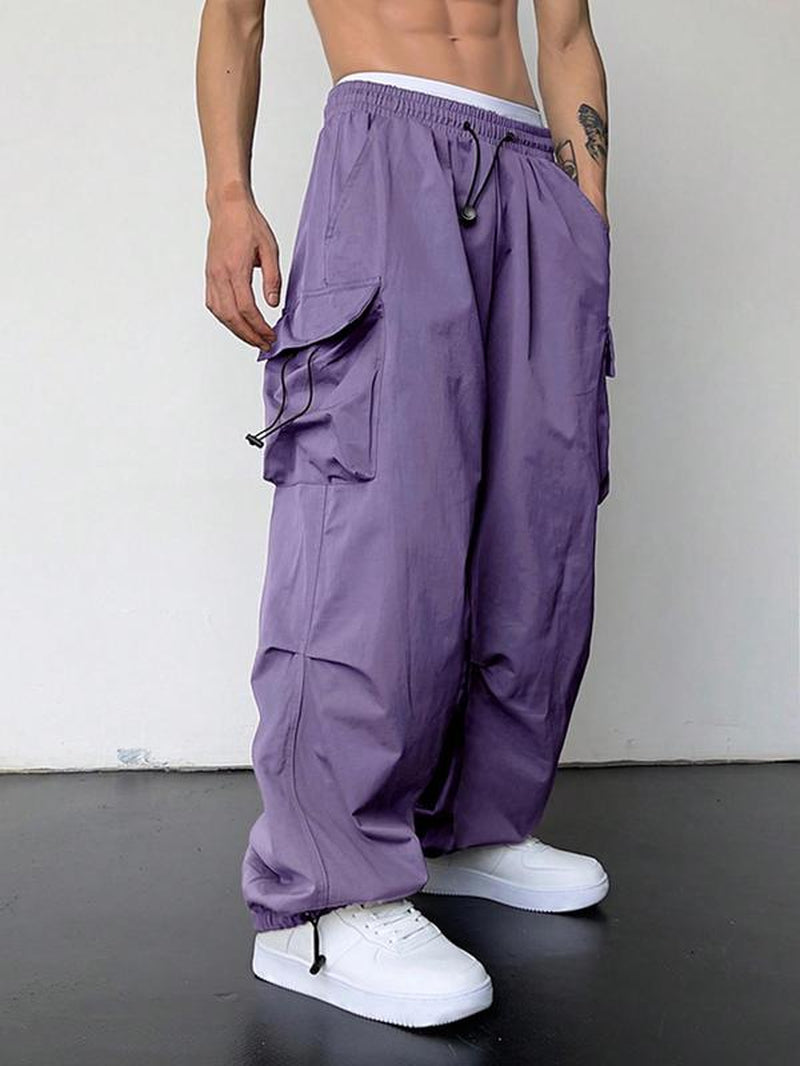 Men'S Loose Plain Pocket Drawstring Waist Cargo Pants for Fall, Pants for Men, Mens Stylish Clothing, Street Trendy Baggy Wide Leg Trousers for Men, Pants for Men, Work Pants Men, Menswear