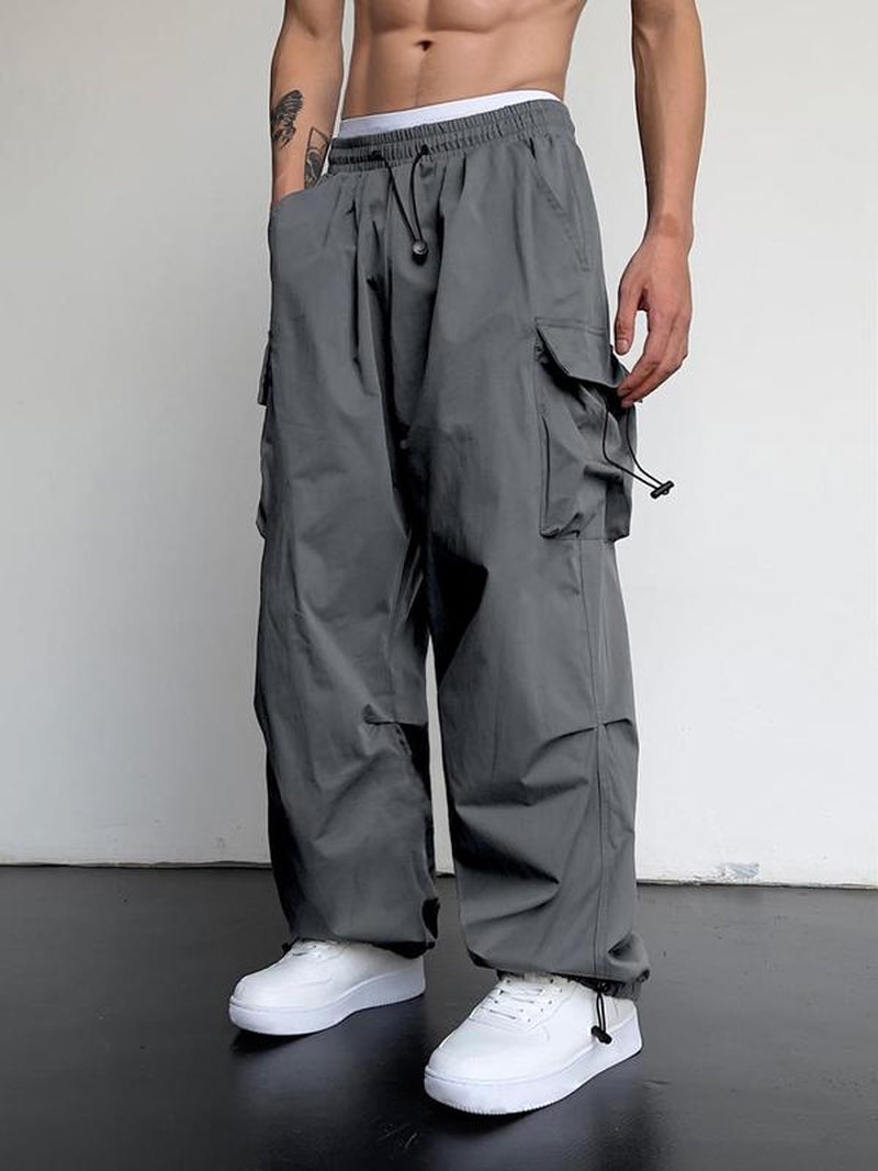 Men'S Loose Plain Pocket Drawstring Waist Cargo Pants for Fall, Pants for Men, Mens Stylish Clothing, Street Trendy Baggy Wide Leg Trousers for Men, Pants for Men, Work Pants Men, Menswear